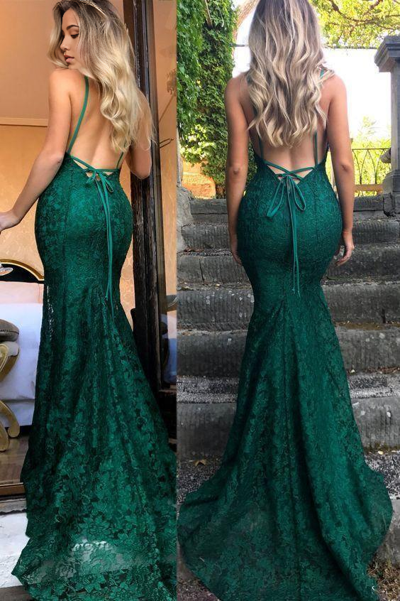 Back view of a burgundy mermaid deep V-neck lace prom dress.