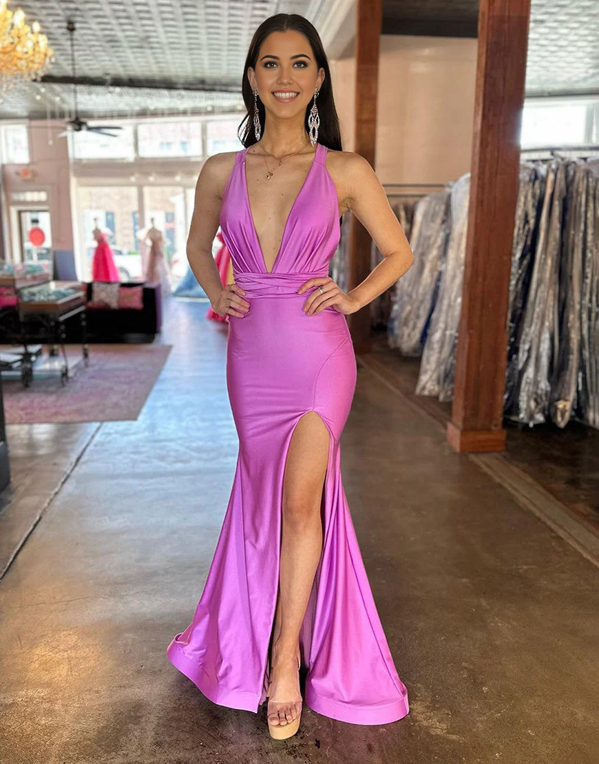 Elegant mermaid satin prom dress with deep V-neck, cross back, and high split.