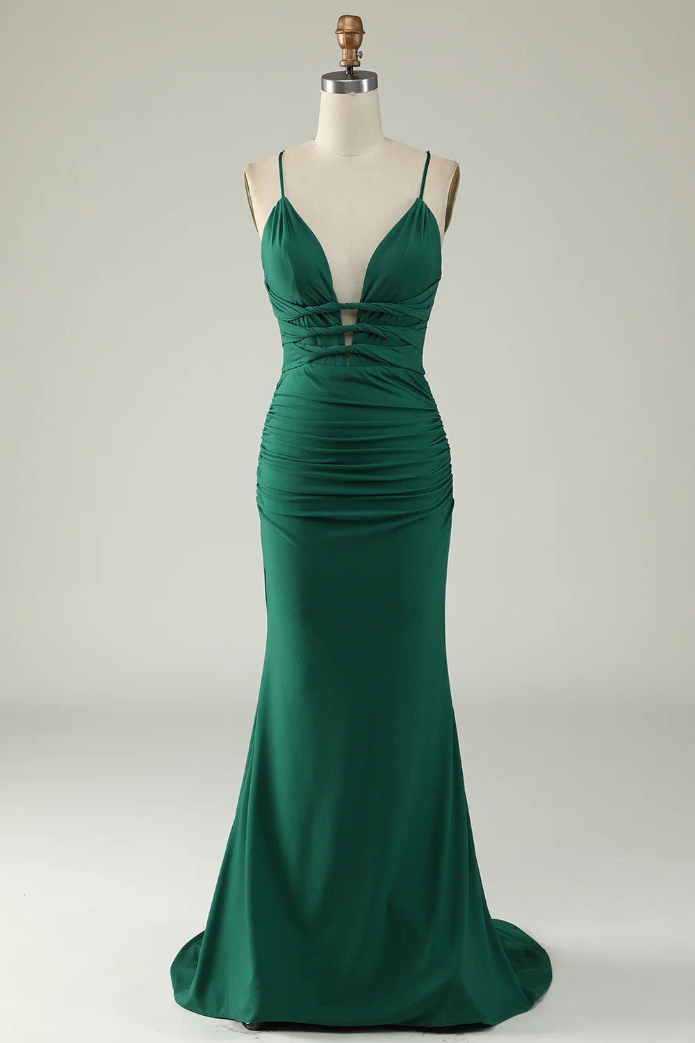 Dark green mermaid deep V-neck long prom dress, front view.