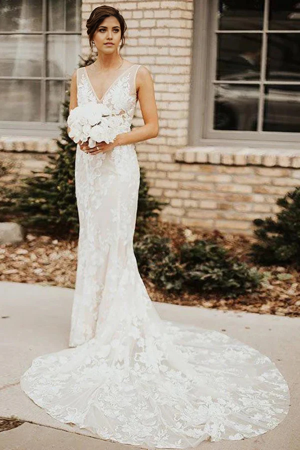 Mermaid Bohemian Lace Wedding Dress with Deep V-neck.