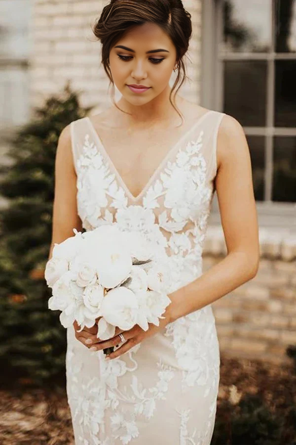 Full length view of a Bohemian Lace Bridal Gown.