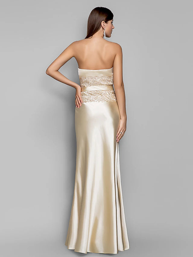 Side view of a mermaid evening gown showcasing stretch satin fabric.