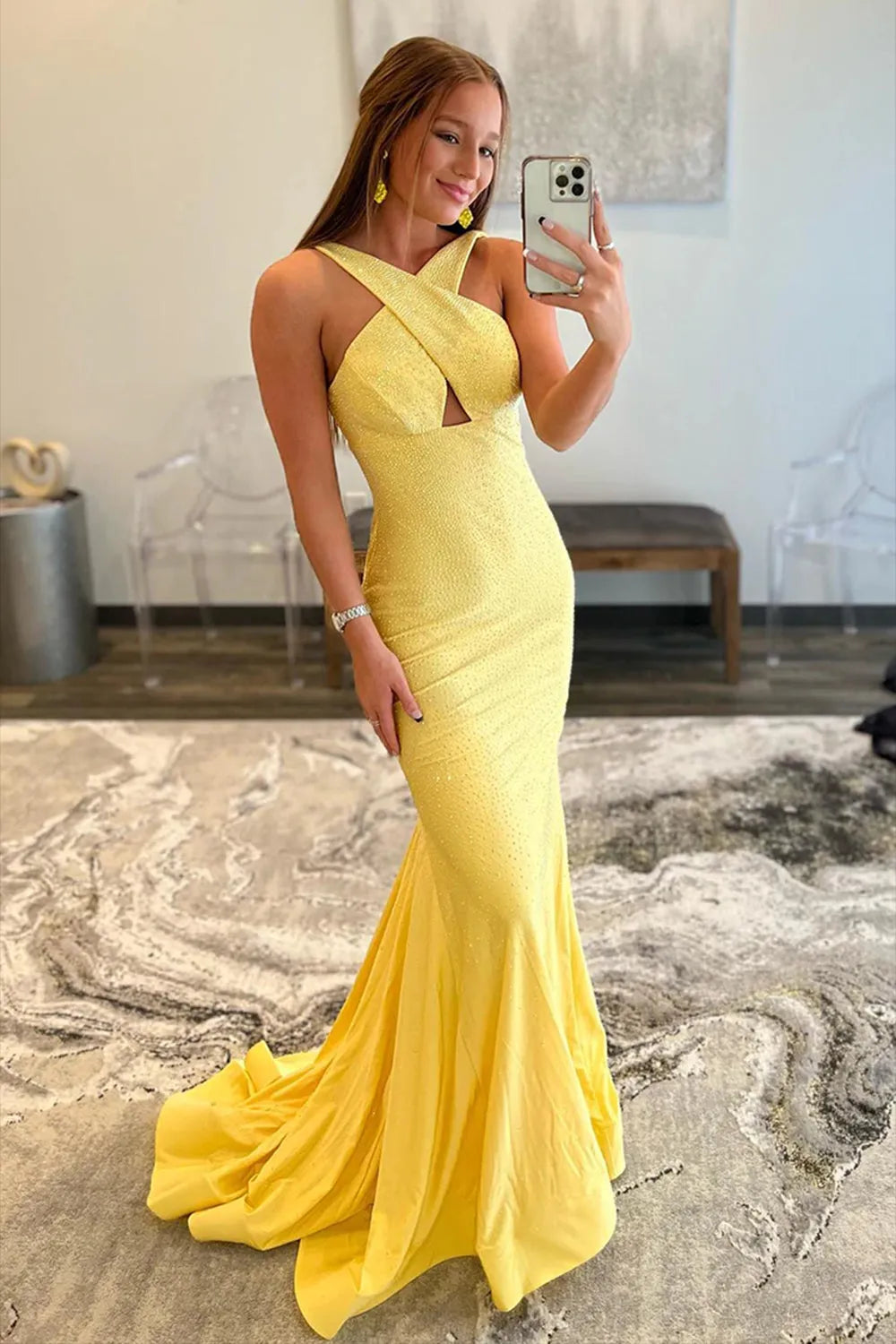 Elegant mermaid halter backless prom dress, front view.