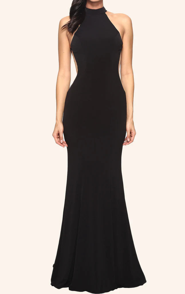 Woman wearing an elegant mermaid halter prom dress.