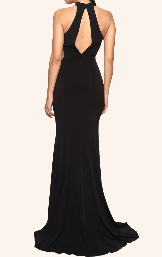 Model showcasing a sleeveless formal evening gown.