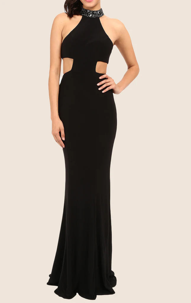Woman wearing an elegant mermaid halter prom dress.