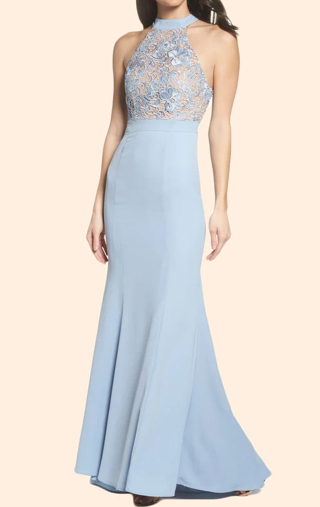 Elegant mermaid halter lace jersey long prom dress on a model.
