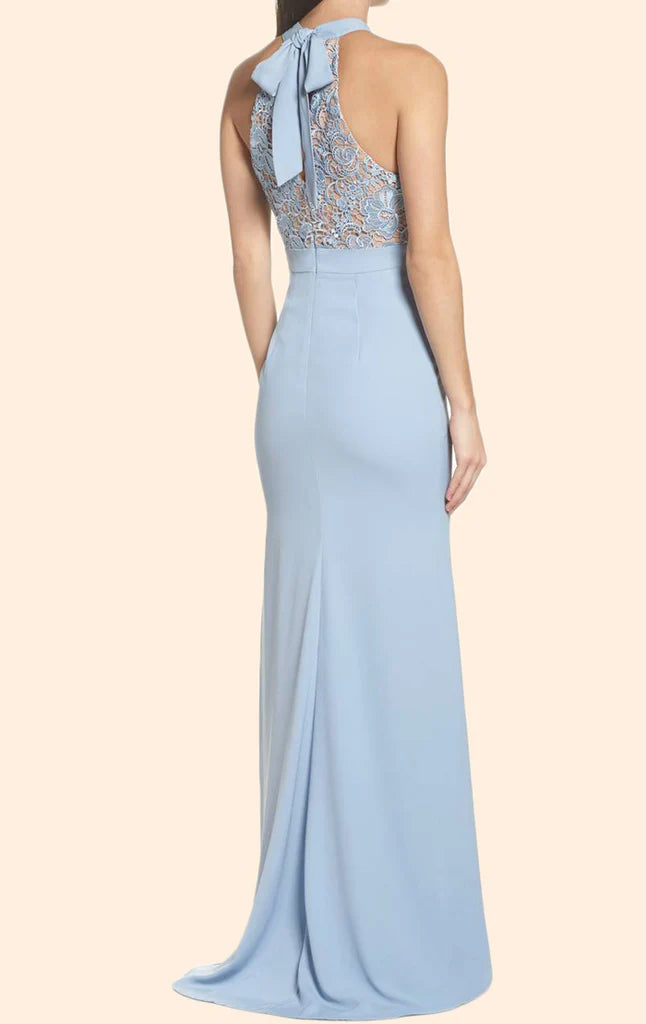 Back view of a model wearing a mermaid halter lace jersey long prom dress.