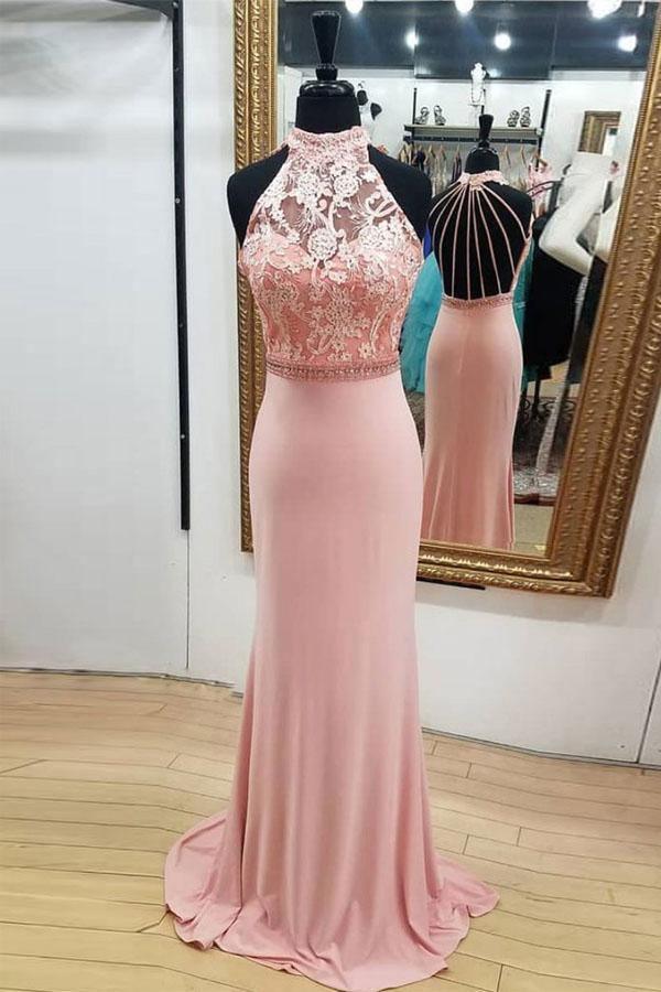 Elegant mermaid lace prom dress with halter neck and open back.
