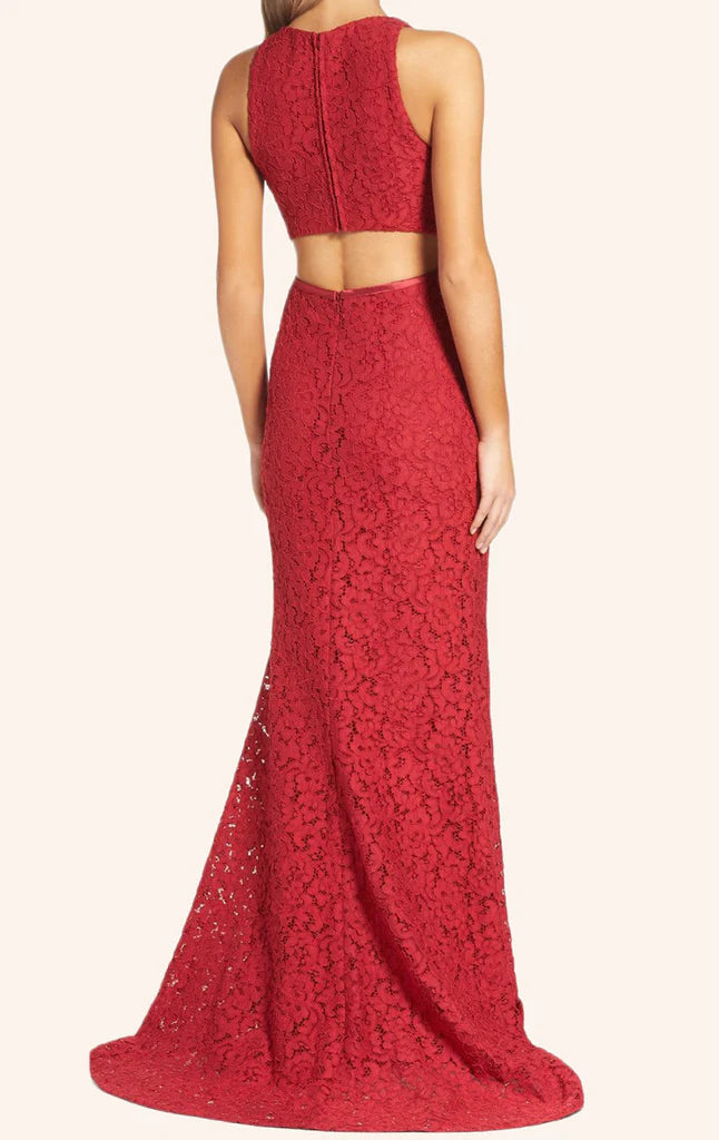 Back view of the mermaid halter neck lace formal gown.