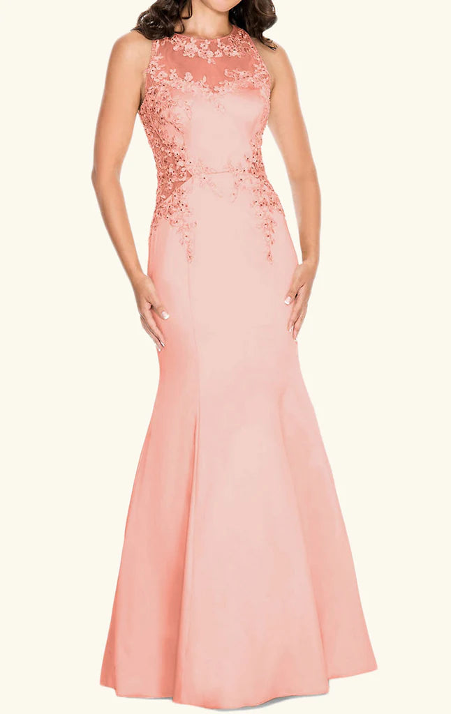 Elegant mermaid prom dress with halter neck and lace bodice.