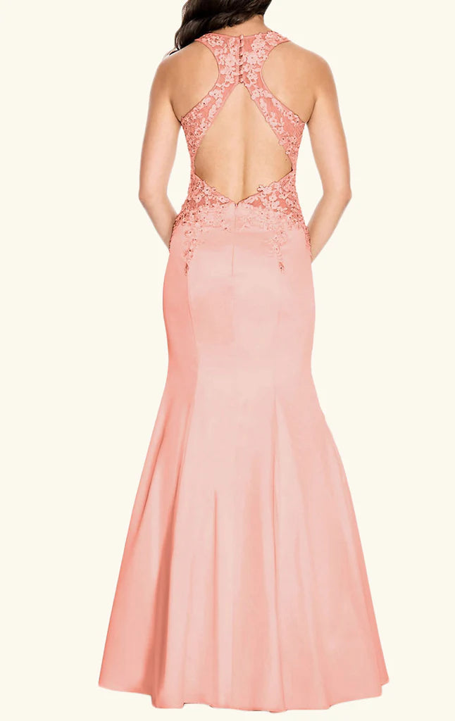 Back view of the satin mermaid gown with ankle-length hem.