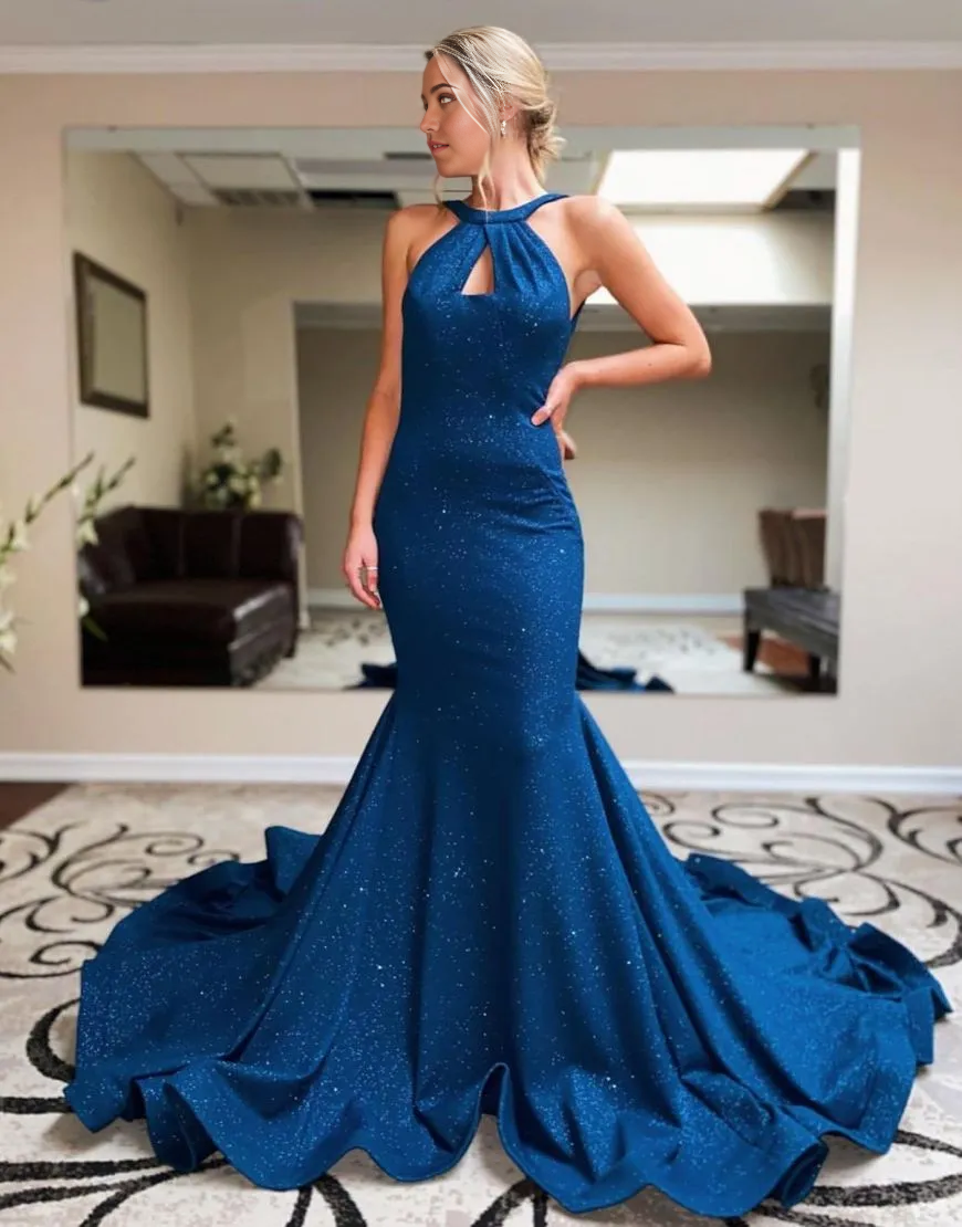 Navy Mermaid Halter Neck Prom Dress with open back and court train.