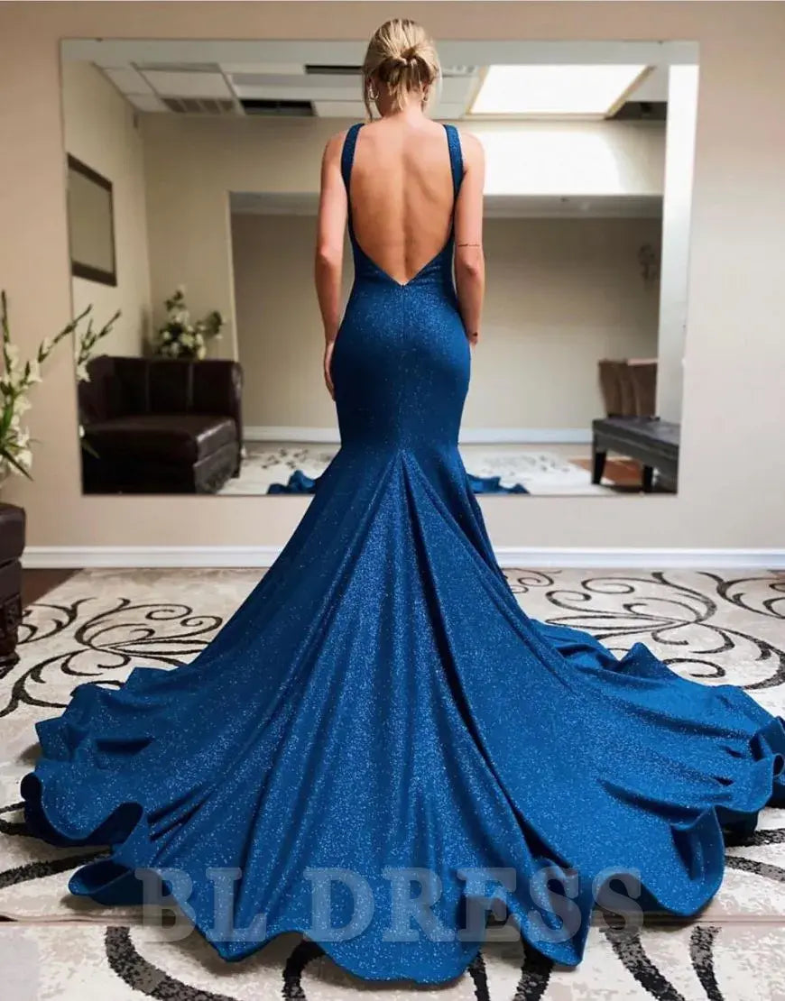 Back view of Navy Mermaid Halter Neck Evening Gown showing open back and court train.