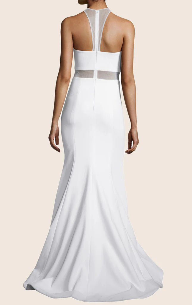 Formal maxi evening dress with halter neckline.