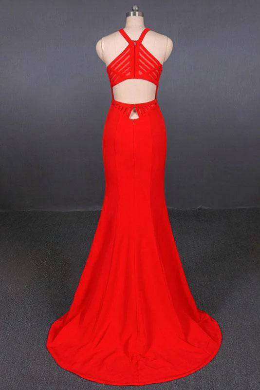 Back view of the mermaid halter open back long prom dress.