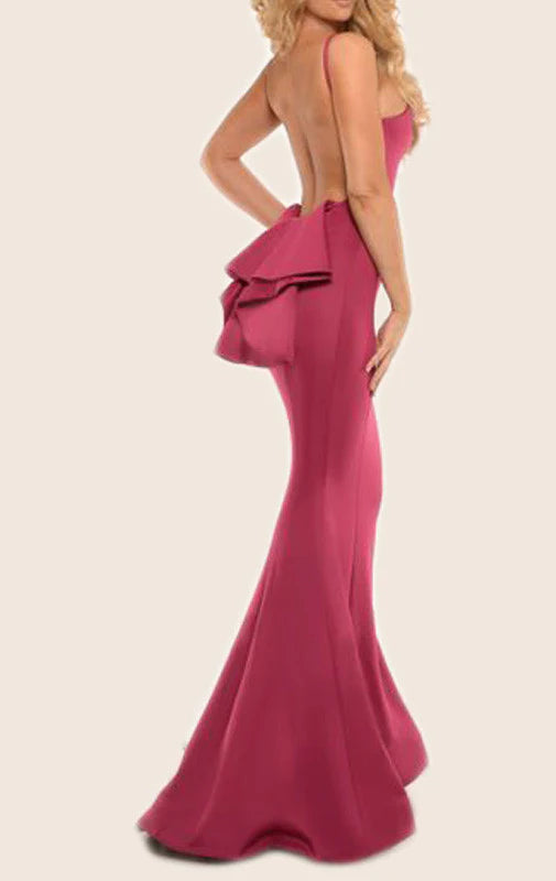 Elegant mermaid halter evening gown, front view.