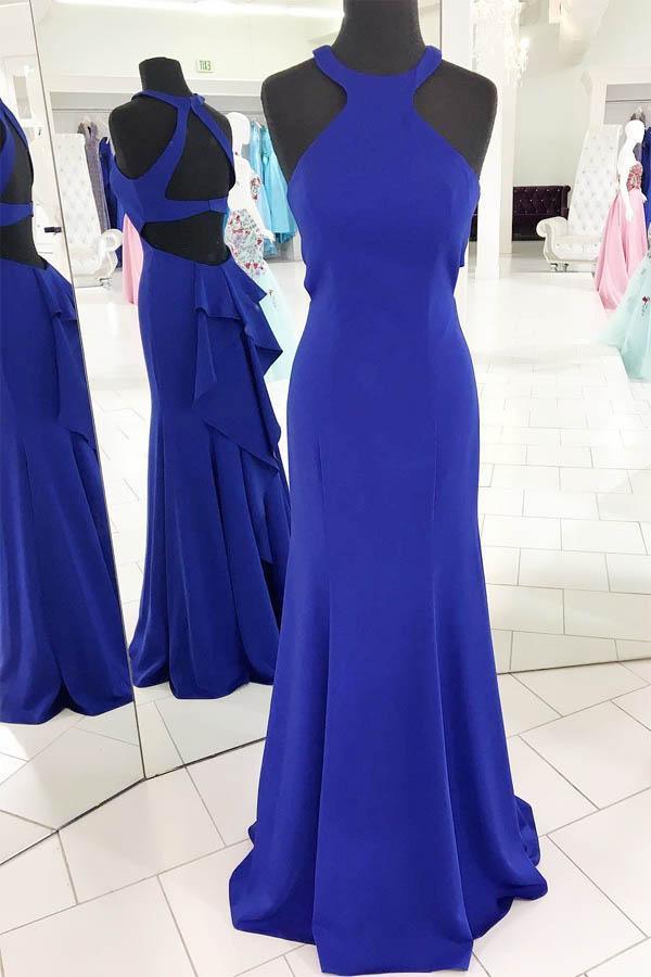 Elegant mermaid halter evening dress on a model.