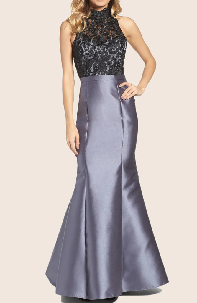 Elegant mermaid high neck lace prom gown worn by a model.
