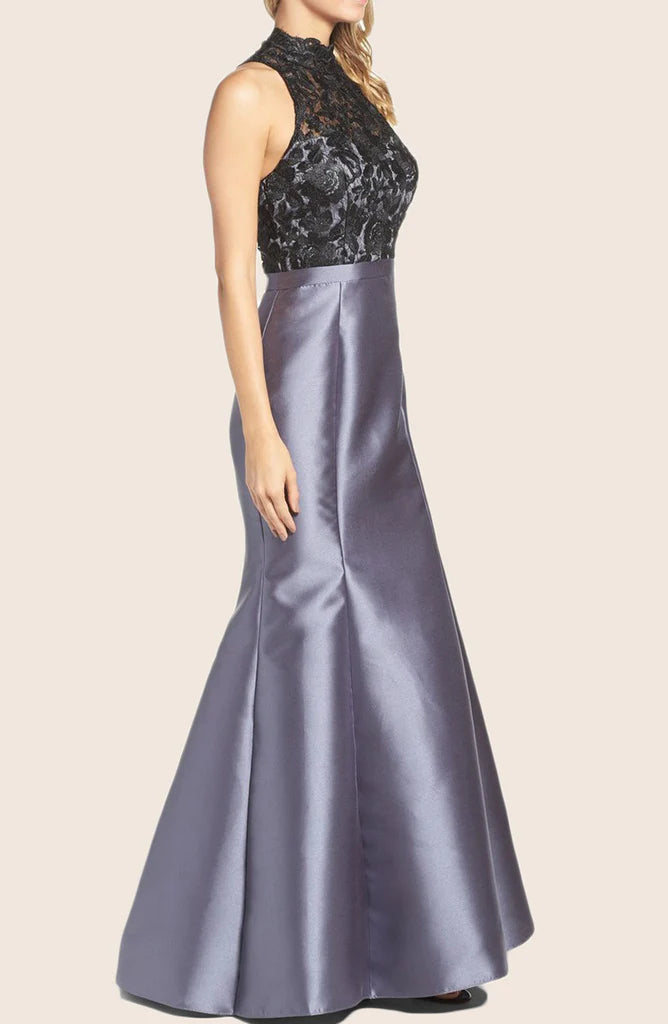 Back view of the high neck lace maxi dress, highlighting the intricate details.