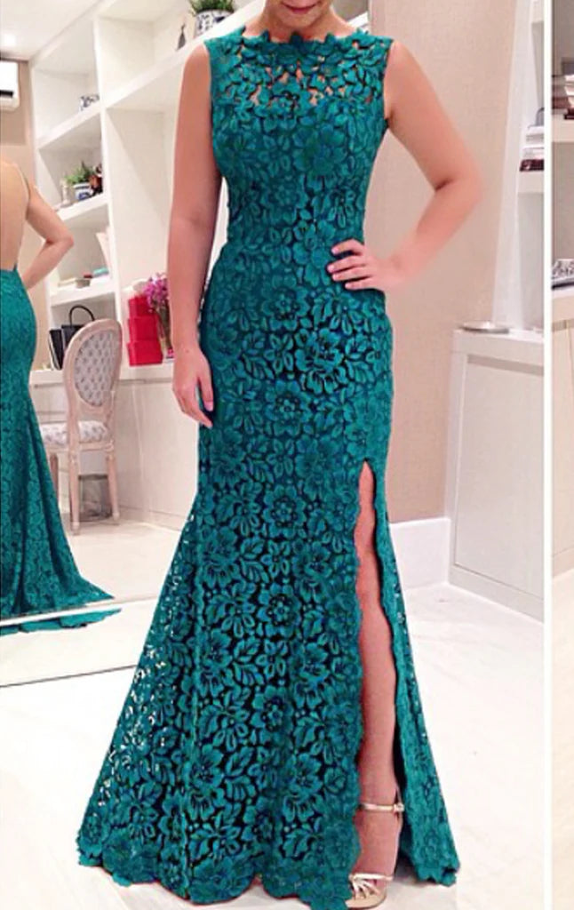 Elegant mermaid lace prom dress with a high slit.