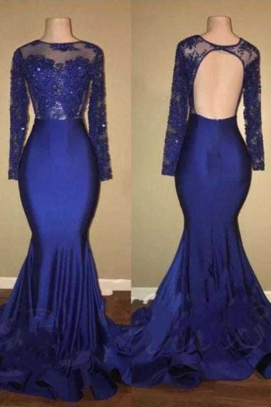Elegant navy blue mermaid prom dress with long sleeves and intricate beading.