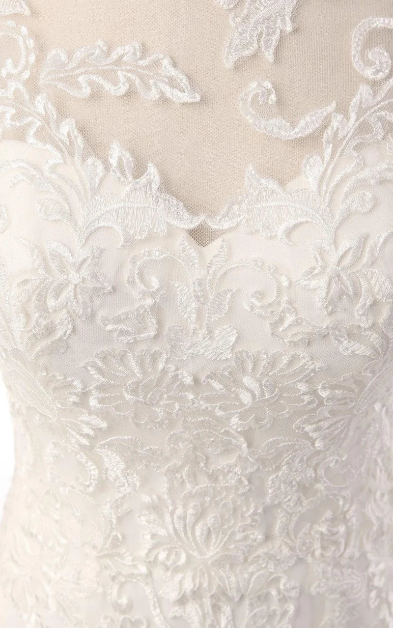 Full-length view of an ivory mermaid long sleeve lace dress, perfect for formal occasions.