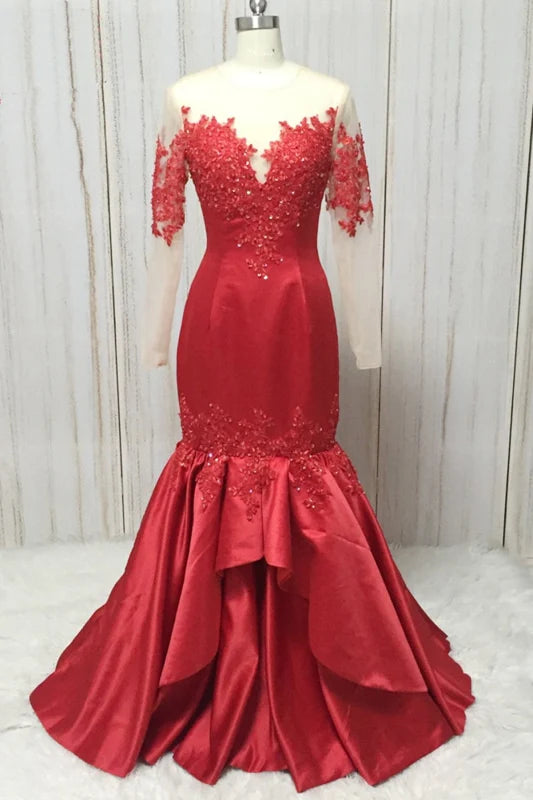 Elegant mermaid long sleeve prom dress with round neck and lace details.