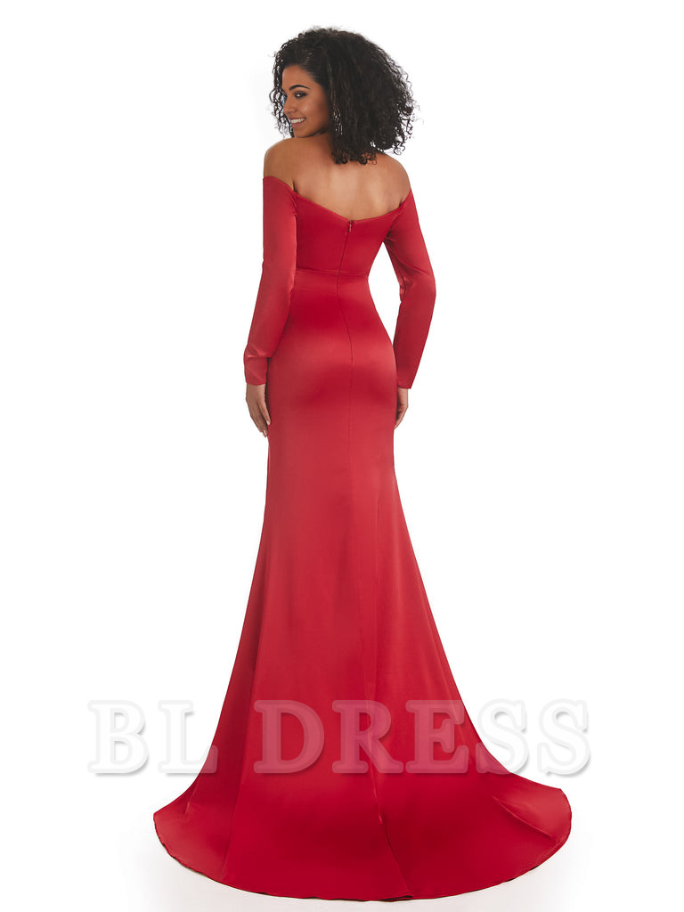 Back view of a long sleeve satin mermaid gown, showcasing the elegant silhouette.