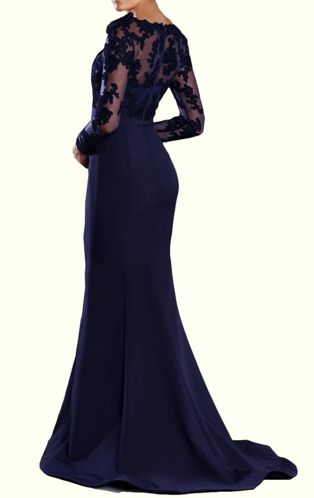 Side view of a mermaid long sleeve V-neck lace formal gown.