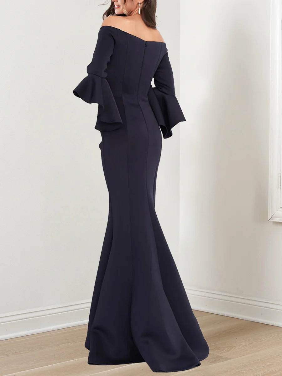 Back view of the mermaid off-shoulder gown, showcasing its elegant silhouette.