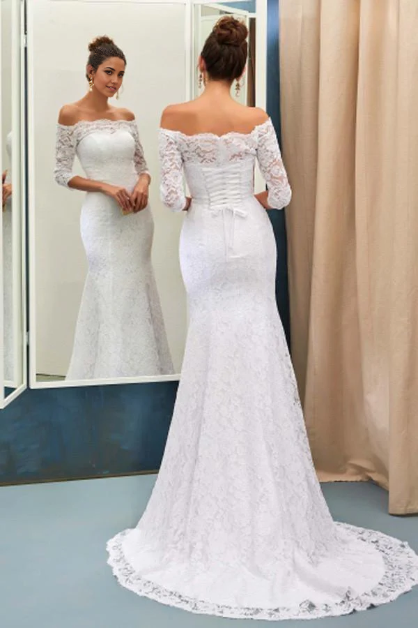 Elegant mermaid wedding dress with off-shoulder neckline and 3/4 sleeves.