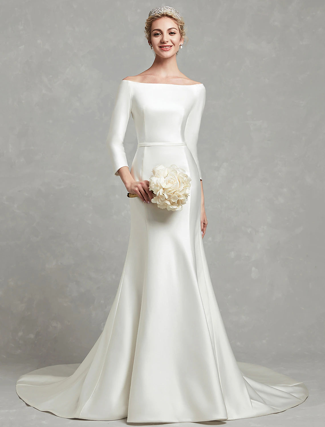 Elegant mermaid off-shoulder satin wedding dress with pleats and chapel train.
