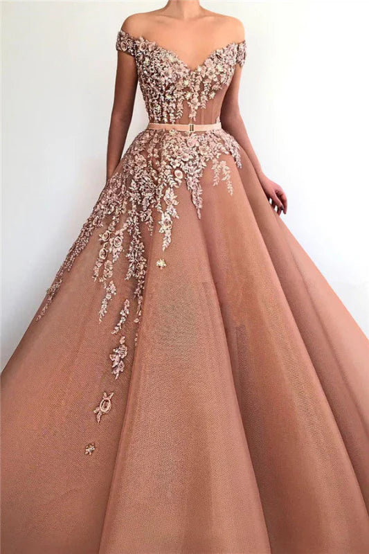 Elegant mermaid prom dress with off-shoulder V-neck, appliques, and a belt.