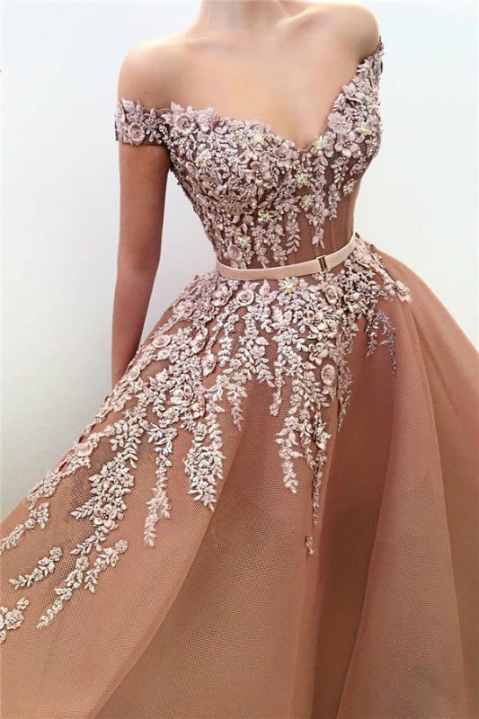 Full view of the mermaid off-shoulder V-neck prom dress with appliques and a belt.
