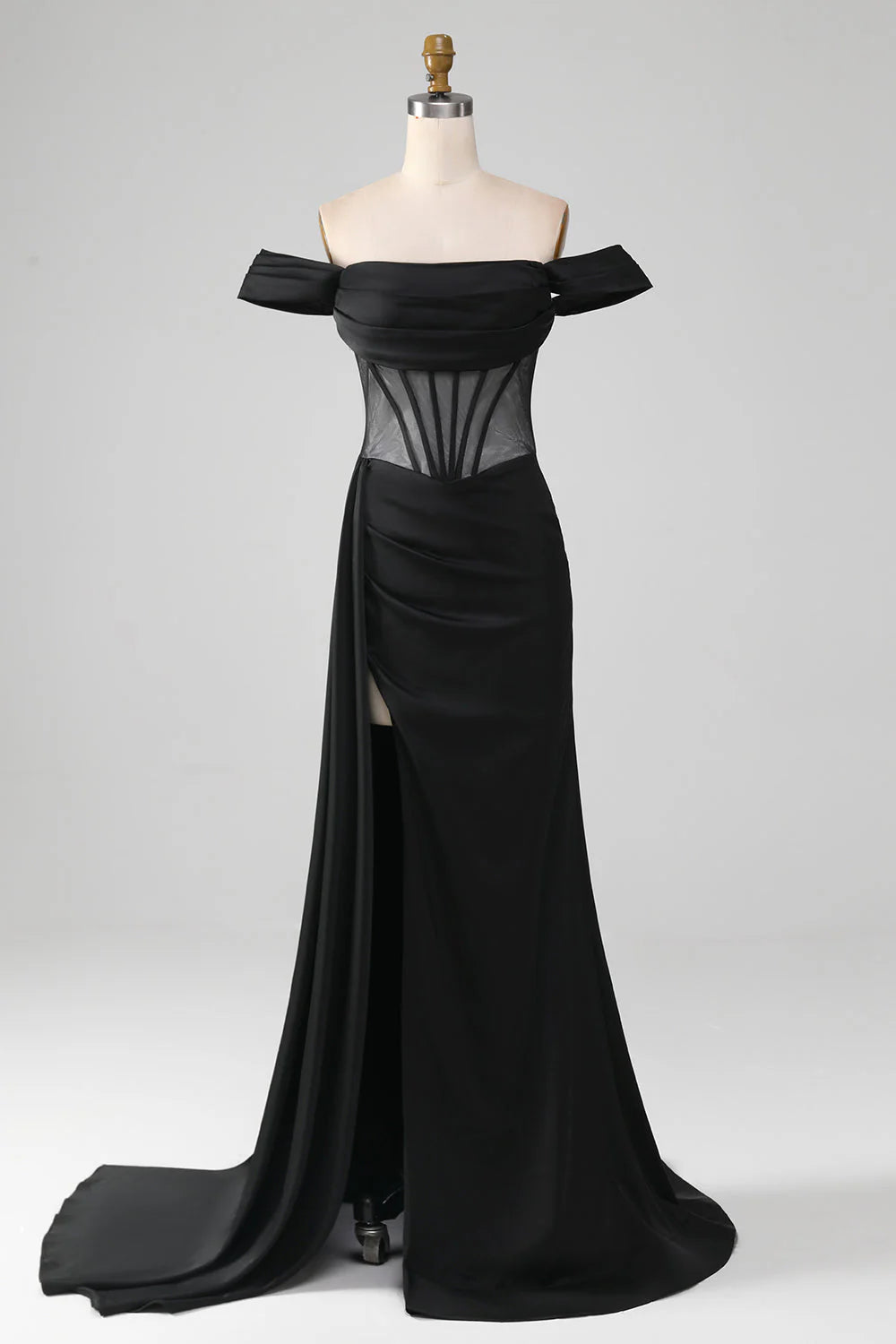 Black mermaid prom dress with off-shoulder neckline and front slit.