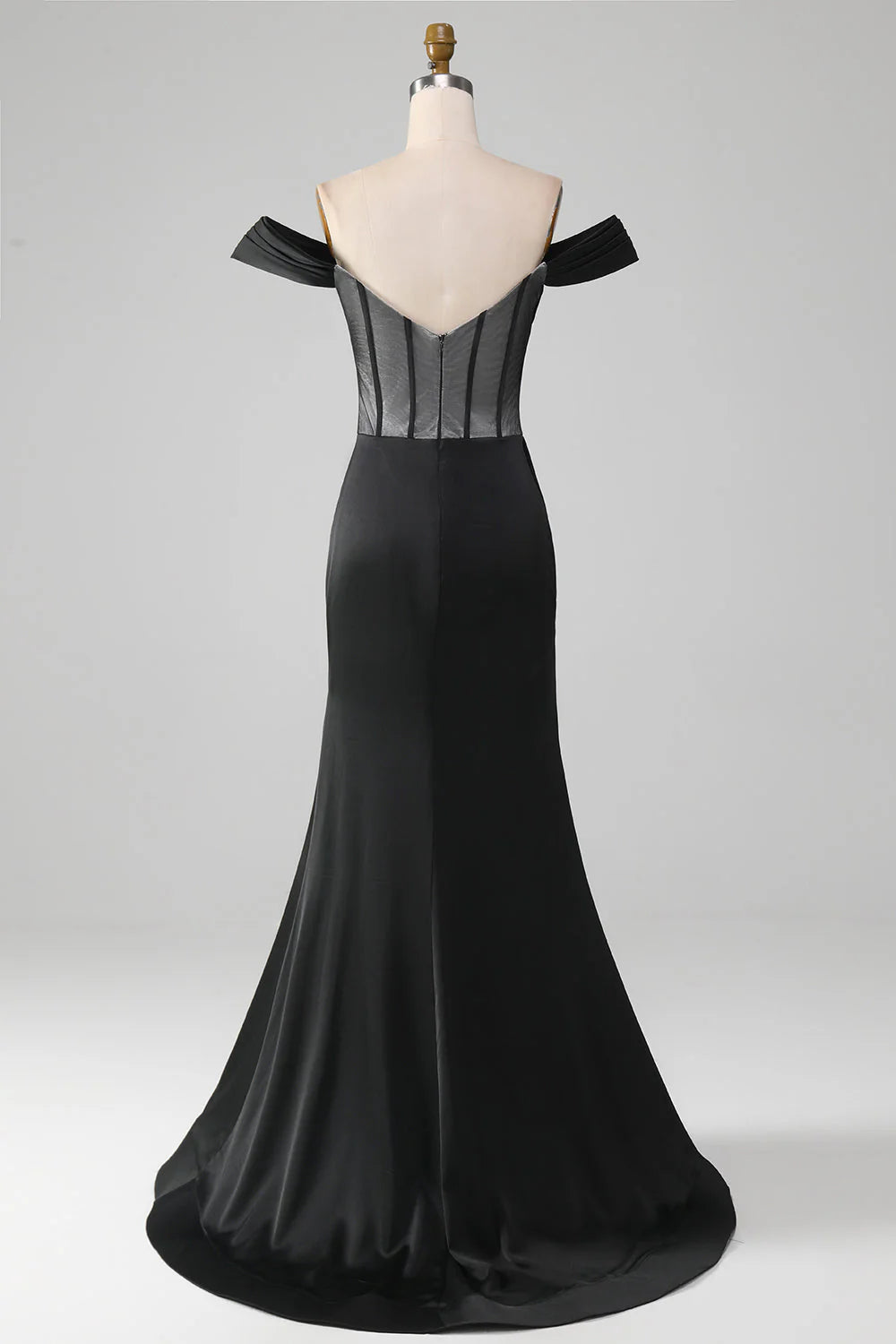 Side view of black satin mermaid dress with corset detail.