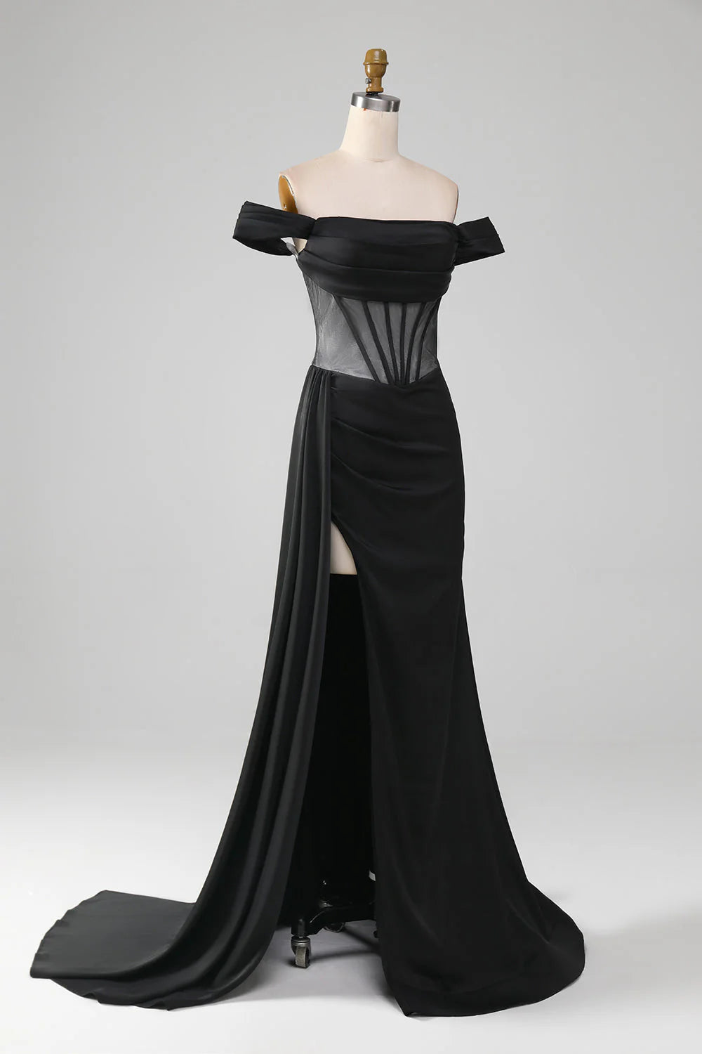 Back view of elegant black off-shoulder mermaid gown.