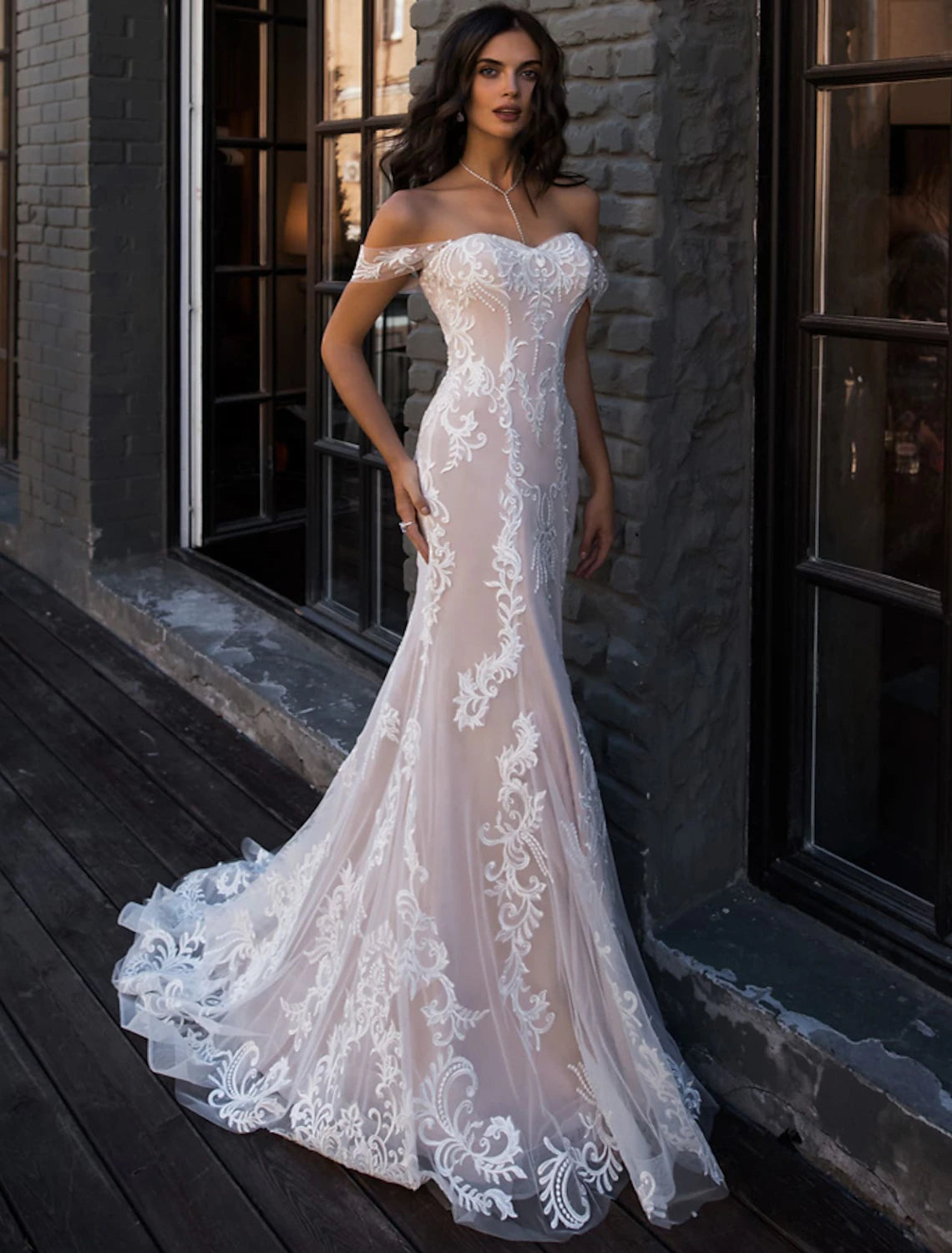 Elegant Mermaid Off Shoulder Cap Sleeve Lace Beach Wedding Dress with Court Train.