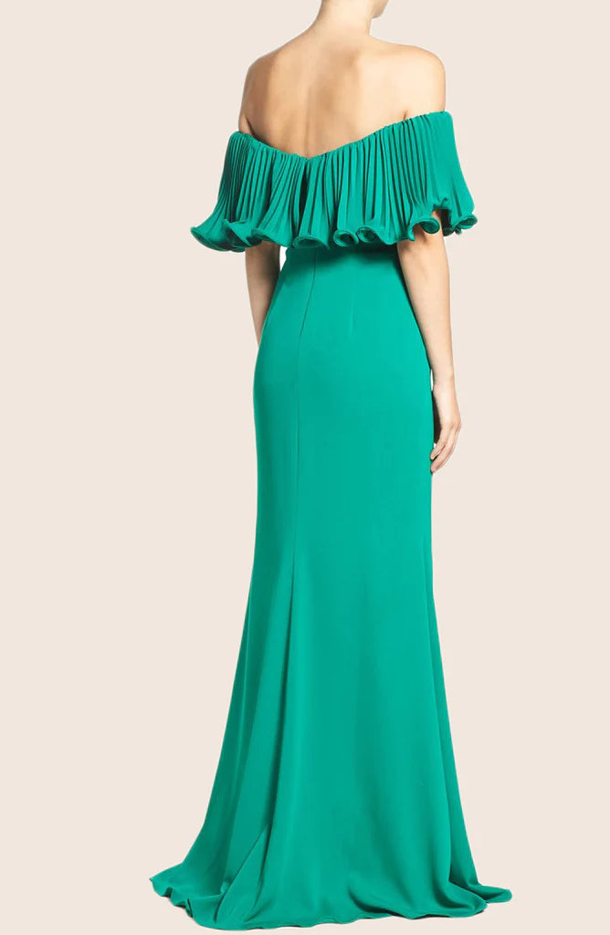 Back view of the mermaid off-shoulder evening formal dress.