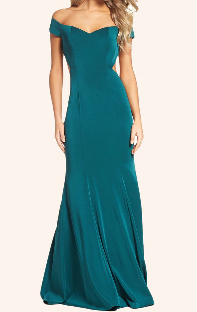 Elegant mermaid off-shoulder prom dress with a flowing skirt.