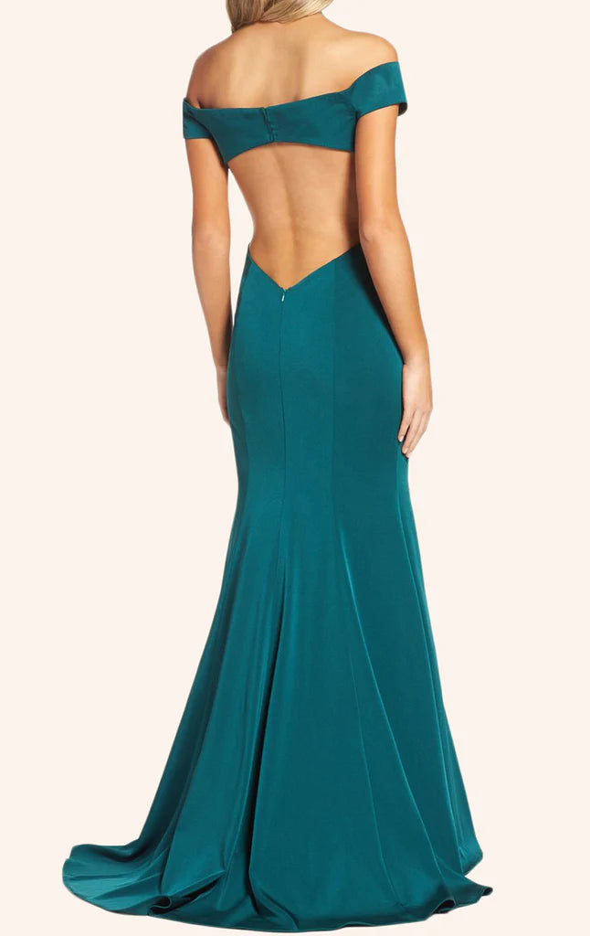 Back view of a mermaid off-shoulder formal gown.