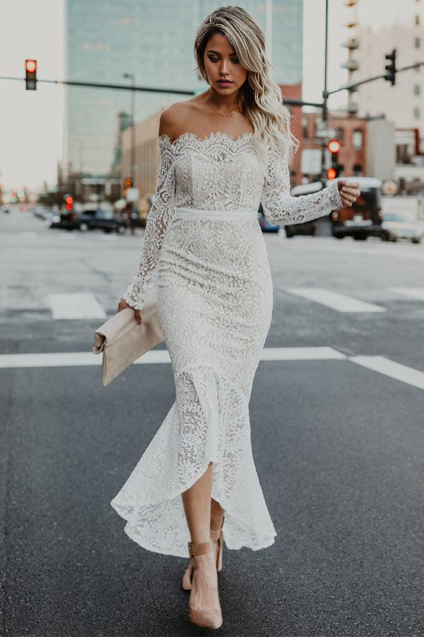 Elegant mermaid off-the-shoulder high-low lace wedding dress.