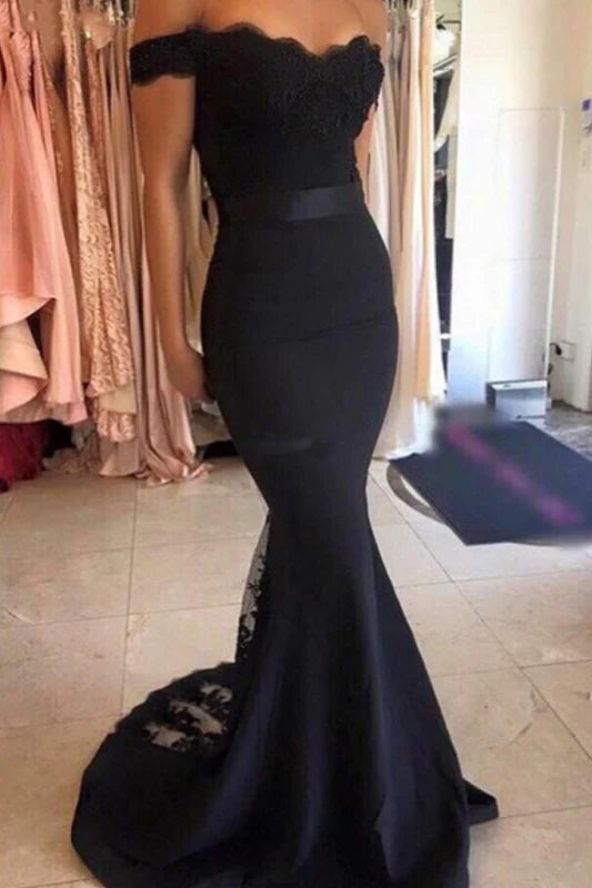 Elegant mermaid off-shoulder lace prom dress with a sash.