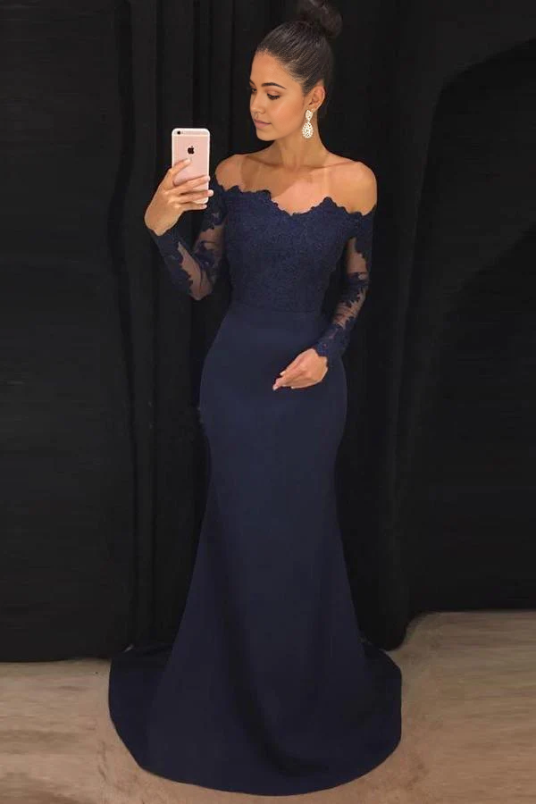 Elegant navy blue mermaid prom dress with off-shoulder neckline and long sleeves.