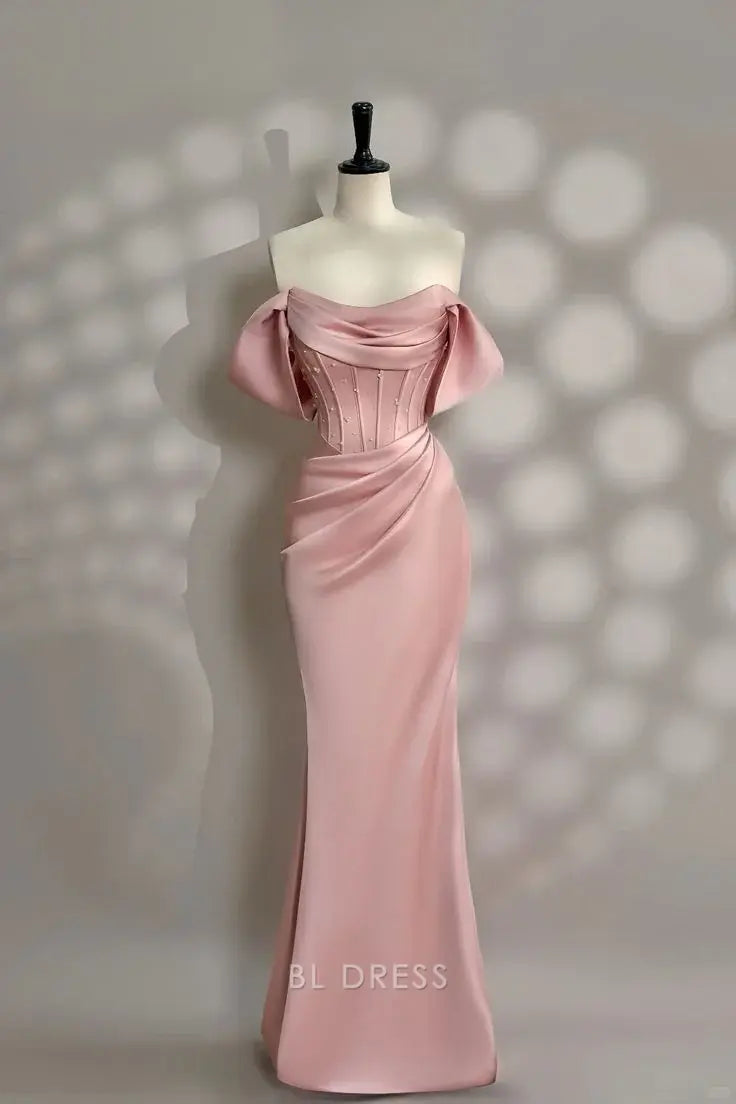 Stunning pink off-shoulder mermaid gown for formal events.