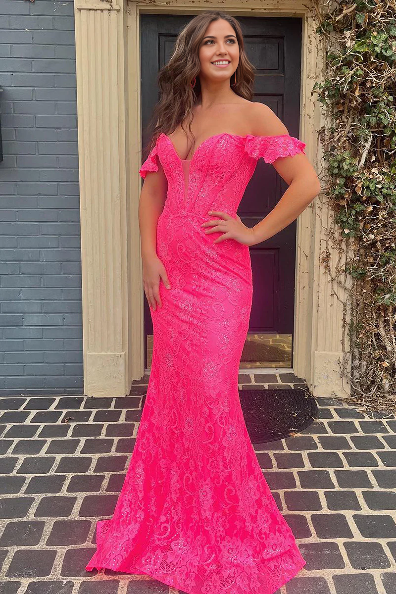 Elegant pink mermaid off-shoulder lace prom dress, front view.