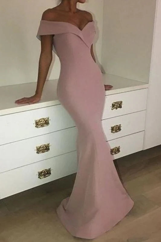 Elegant pink mermaid off-shoulder long prom dress.