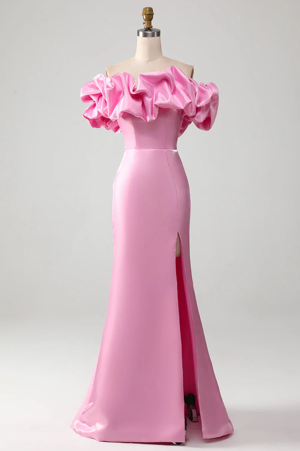 Pink mermaid off-shoulder prom dress, front view.