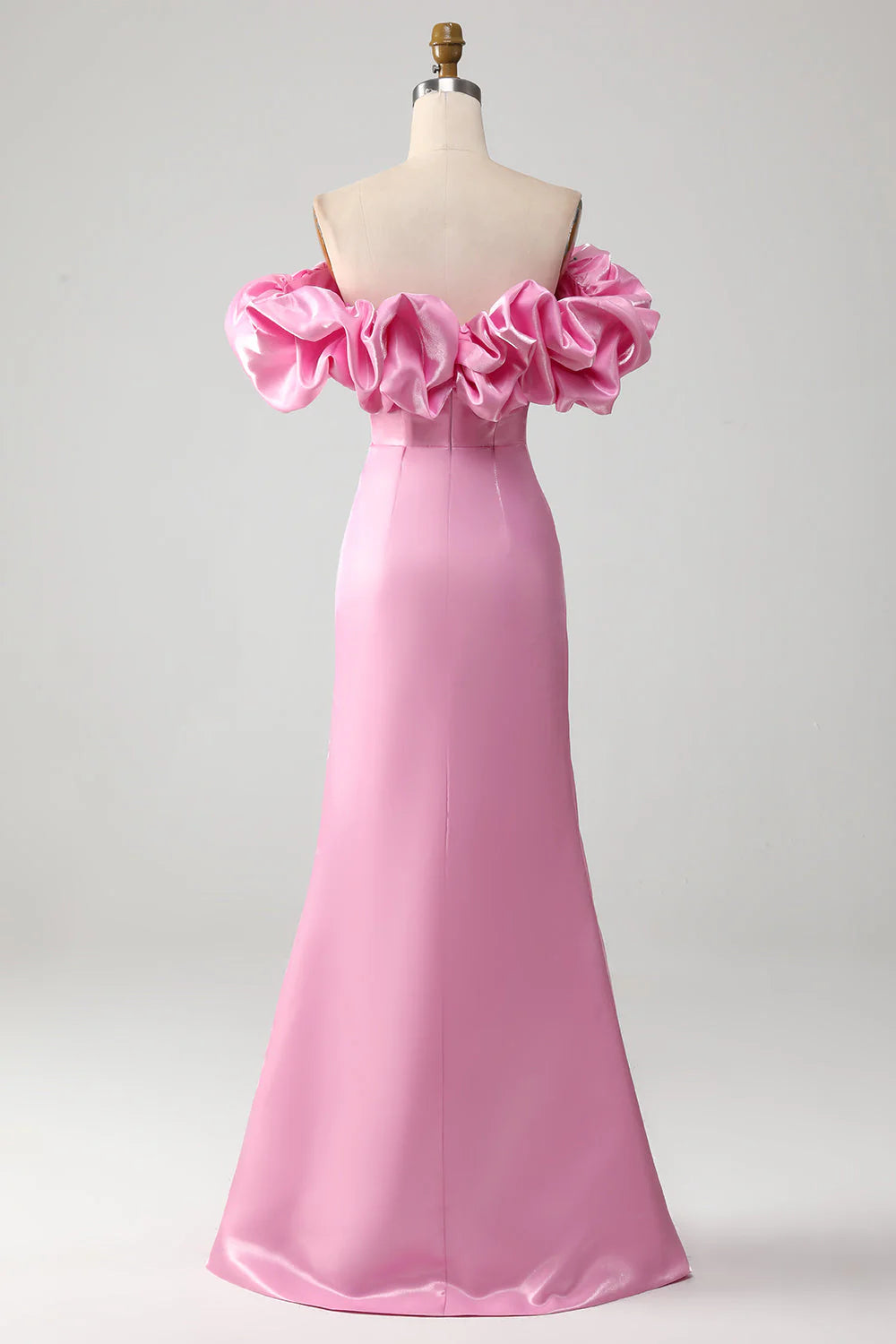 Pink mermaid off-shoulder prom dress, showing split front.